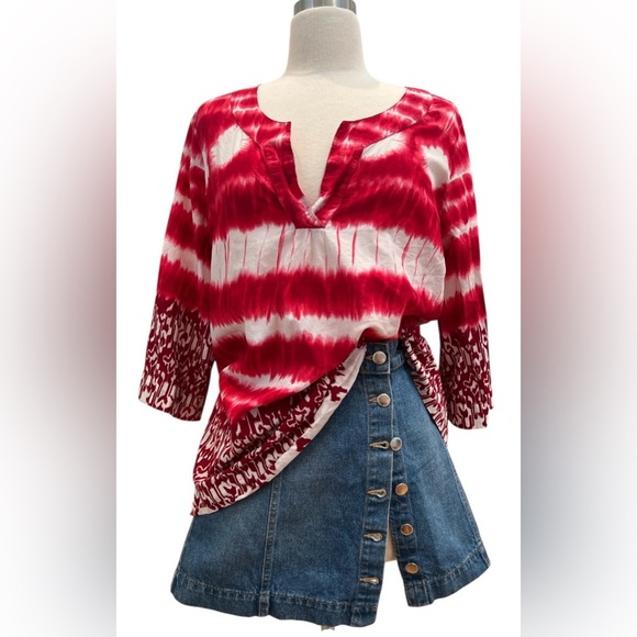 Red and White Tie-Dye Blouse - Picture 1 of 7